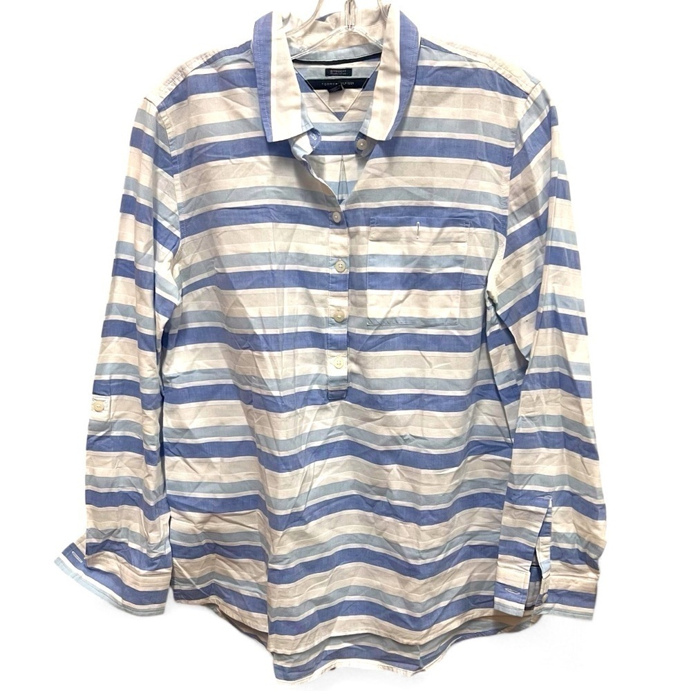 Tommy Hilfiger Boyfriend Fit striped half button down cotton blouse size medium